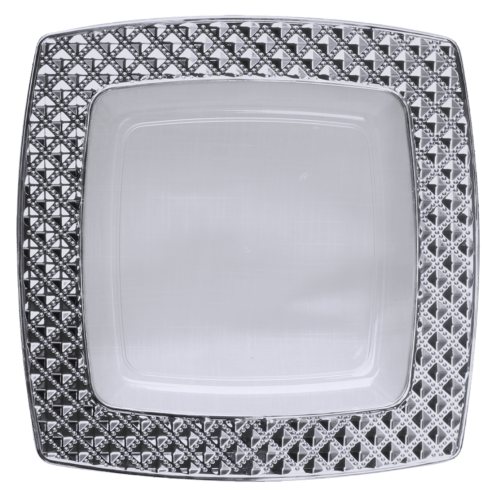 Diamond - 10 Elegant Transparent/Silver Square Dinner Plates 24cm / 9.5inch