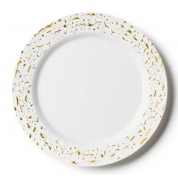 Pebbled - 10 Premium Plastic White/Gold Dinner Plates 23cm / 9inch