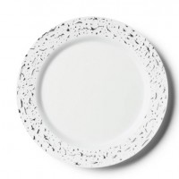 Pebbled - 10 Premium Plastic White/Silver Dinner Plates 26cm / 10inch
