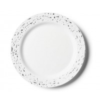 Pebbled - 10 Premium Plastic White/Silver Dinner Plates 23cm / 9inch