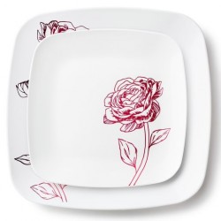 Peony - 32pc Elegant White/Burgundy Plate Set
