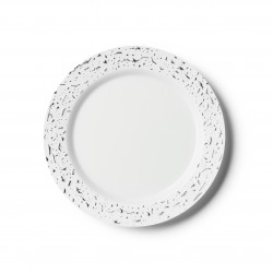 Pebbled - 10 Premium Plastic White/Silver Dessert Plates 19cm / 7.5inch
