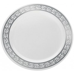 Premium - 10 Elegant White/Silver Dinner Plates 26cm / 10inch