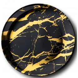 2 Elegant Marble Black/Gold Small Round Serving Trays 35cm / 14inch